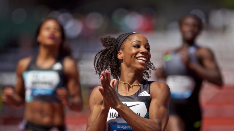 Kendra Harrison of the United States, reacts after winning the 100 metre hurdles race at Hayward Field on May 28, 2016 in Eugene, Oreg