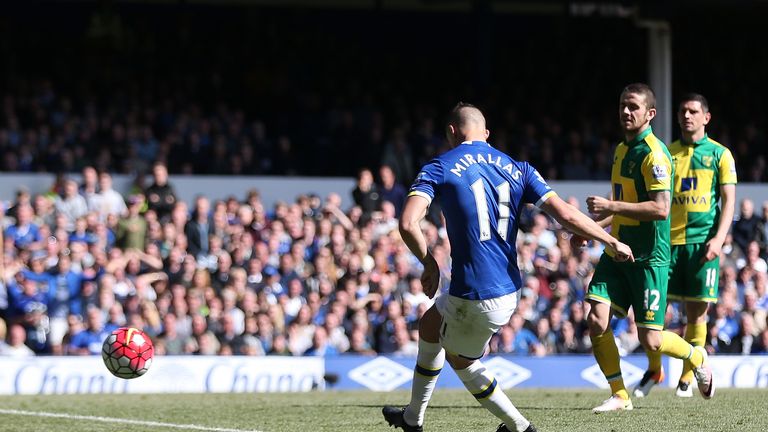 Kevin Mirallas of Everton scores his team's third goal against Norwich
