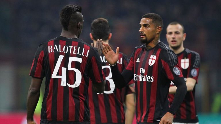 Mario Balotelli of AC Milan celebrates his goal with his team-mate Kevin Prince Boateng