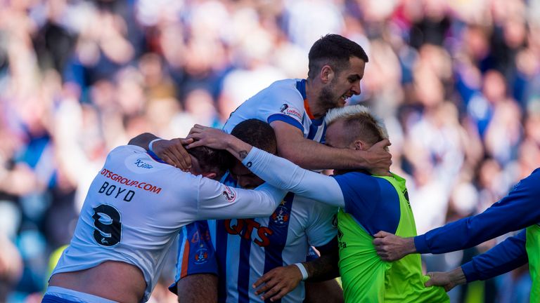 Kilmarnock's Kris Boyd celebrates scoring his side's fourth goal of the game with team-mates during the Ladbrokes Scottish Premiership play off final, seco