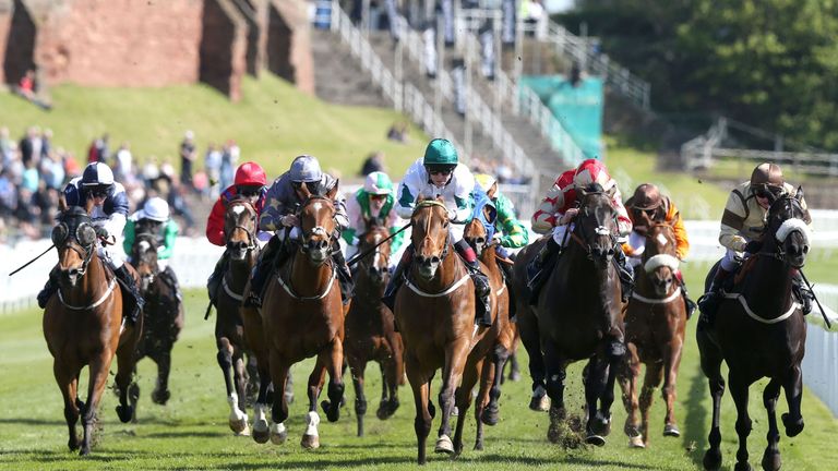 Kimberella (centre) ridden by Franny Norton wins The Boodles Diamond Handicap Stakes, during Betway Chester Cup Day of the Boodles May Festival at Chester 