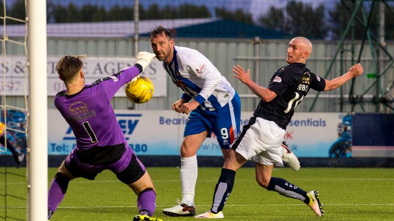 Kilmarnock's Kris Boyd forces a save from Falkirk's Danny Rogers Scottish Premiership play-off