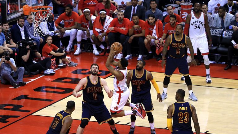 Kyle Lowry of the Toronto Raptors shoots in the second quarter against the Cleveland Cavaliers
