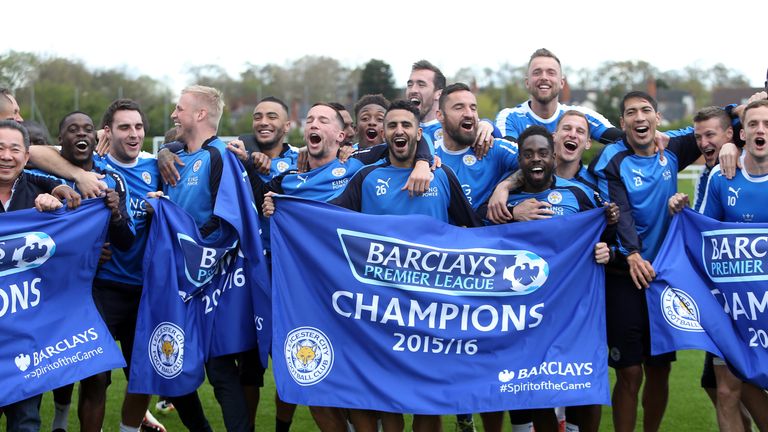Leicester City players celebrate winning the Premier League title during a training session at Belvoir Drive