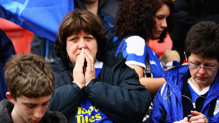 Leicester supporters show their dejection after being relegated to League One