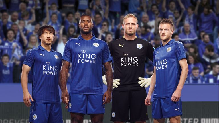 Okazaki, Morgan, Schmeichel, Vardy model Leicester's new home kit