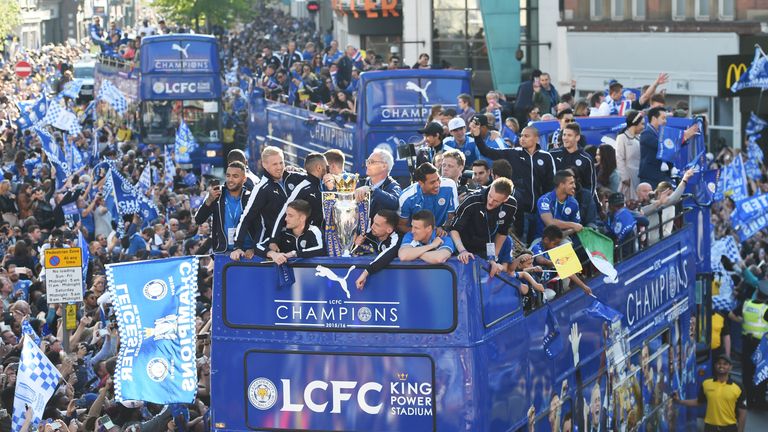 The Buses carrying the Leicester squad and trophy makes its way through the the streets