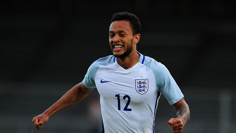 Lewis Baker of England celebrates after scoring his sides first goal 