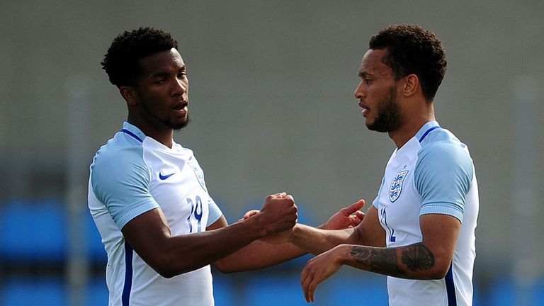 Lewis Baker of England(R) celebrates with Kasey Palmer after scoring his sides first goal during the Toulon Tournament 