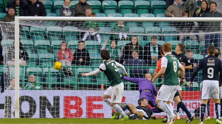 Hibernian's Liam Henderson (3) nets an equaliser for his side against Falkirk in Scottish Premiership play-off