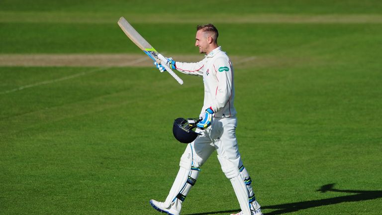 Liam Livingstone of Lancashire celebrates after reaching his century during day two of the Specsavers County Championship
