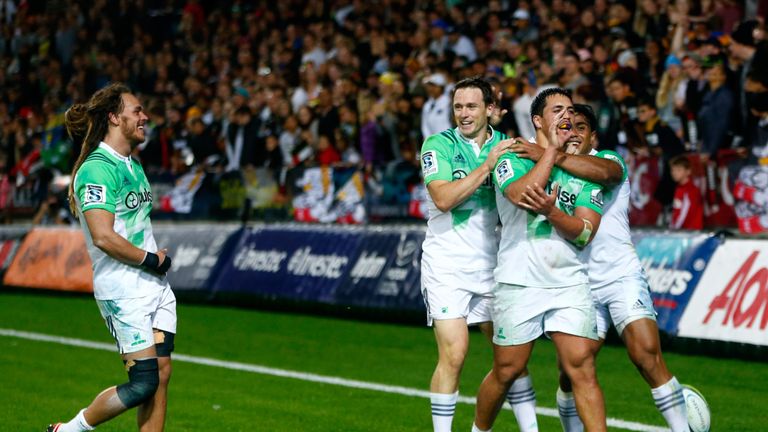 Daniel Lienert-Brown of the Highlanders celebrates his try 