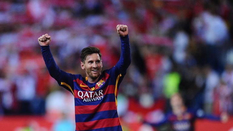 MADRID, SPAIN - MAY 22:  Lionel Messi of FC Barcelona celebrates after his team beat Sevilla 2-0 in the Copa del Rey Final between Barcelona and Sevilla at