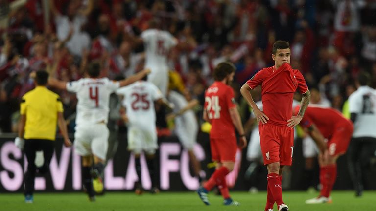 Liverpool's Brazilian forward Philippe Coutinho  reacts after losing during the UEFA Europa League final football match between Liverpool FC and Sevilla FC