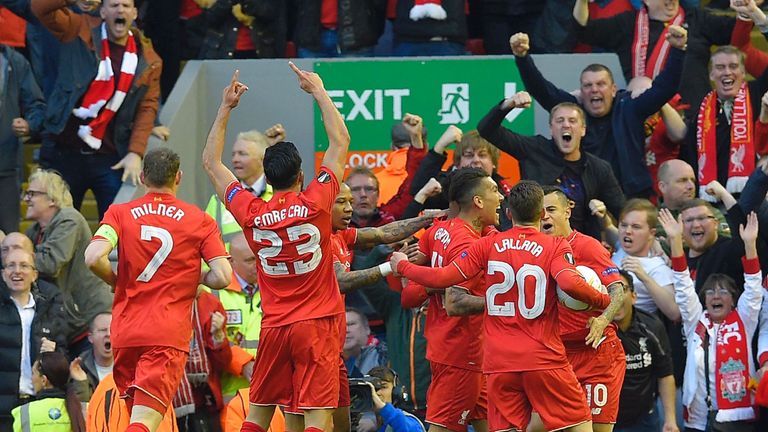 Liverpool celebrate an early goal at Anfield against Villarreal