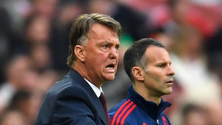 LONDON, ENGLAND - MAY 21: Louis van Gaal manager of Manchester United reacts as Ryan Giggs assistant manager of Manchester United looks on during The Emira