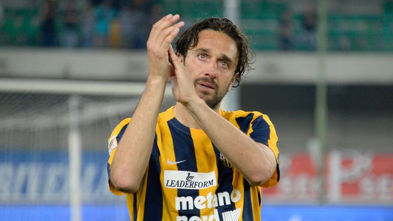  Luca Toni  of Hellas Verona Greets and thanks fans after his last match after the Serie A match between Hellas Verona FC and Juven