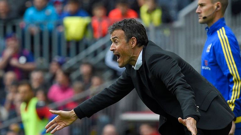 Barcelona's coach Luis Enrique gestures during the Spanish league football match FC Barcelona vs RCD Espanyol at the Camp Nou stadium in Barcelona on May 8