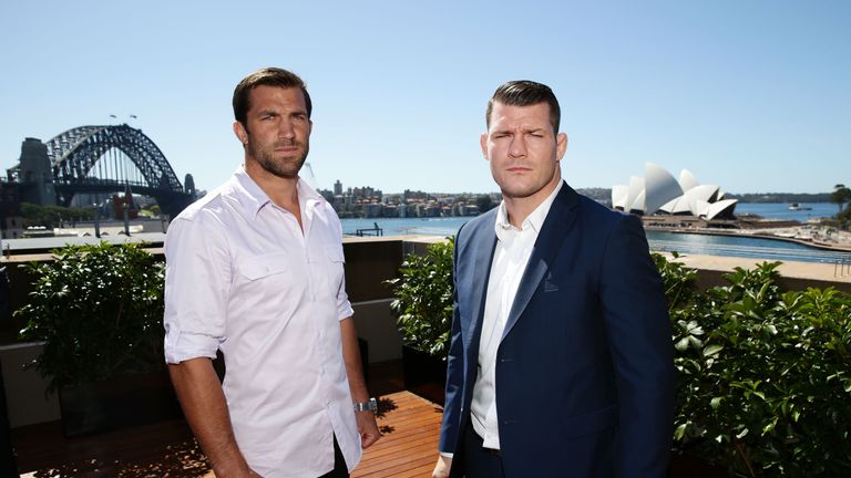 Luke Rockhold (L) and Michael Bisping (R) pose during the UFC Fight Night: Rockhold v Bisping Press Event at Museum of C