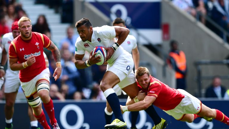 LONDON, ENGLAND - MAY 29:  Luther Burrell of England goes over for his side's first try during the Old Mutual Wealth Cup match between England and Wales at