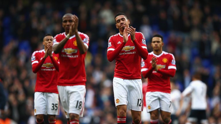 Chris Smalling of Manchester United (12) and team mates look dejected