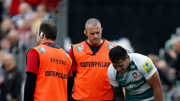 Leicester Tigers' Manu Tuilagi goes off injured during the Aviva Premiership Semi Final at Allianz Park, London.