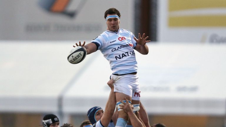 Racing 92's Argentinian lock Manuel Carizza catches the ball during the French Top 14 rugby union match between Racing 92 and Agen