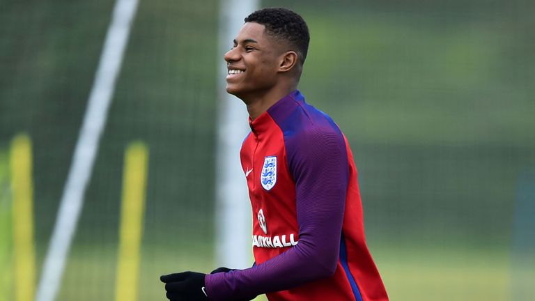 England's striker Marcus Rashford takes part in a team training session in Watford, north of London, on May 30, 2016.
England play against Portugal in a fr