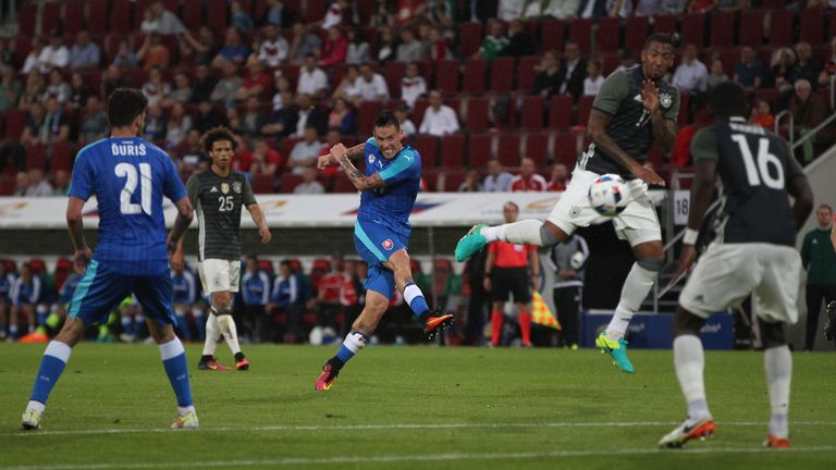 Marek Hamsik scores Slovakia's first goal in the 3-1 win over Germany at WWK-Arena on May 29, 2016 in Augsburg, Germany.