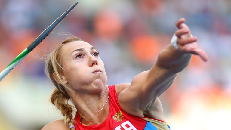 Maria Abakumova of Russia competes in the Women's Javelin final  during Day Nine of the 14th IAAF World Athletics Championships