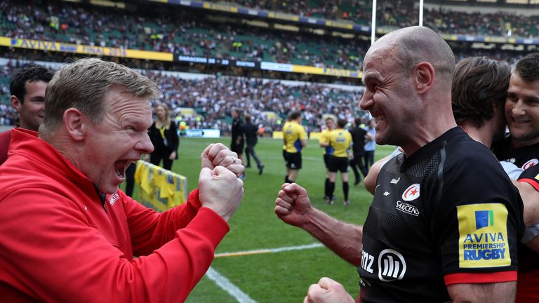 Mark McCall, Saracens' Director of Rugby (L) celebrate victory with Charlie Hodgson 