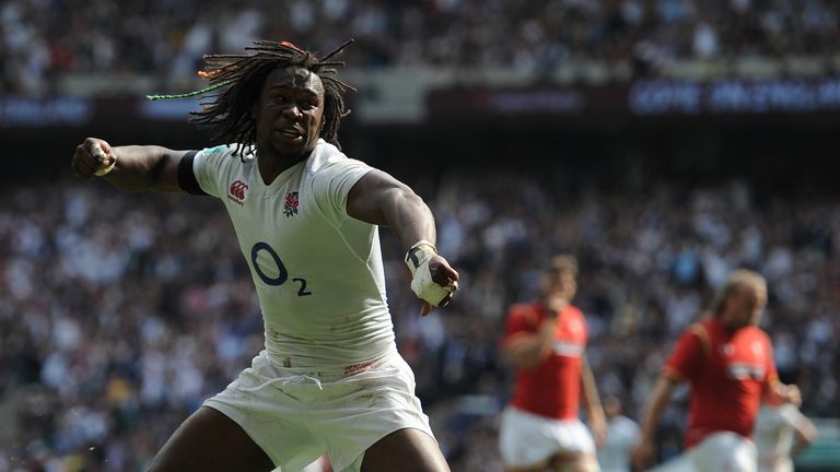 England's Marland Yarde celebrates after he goes over to score a try