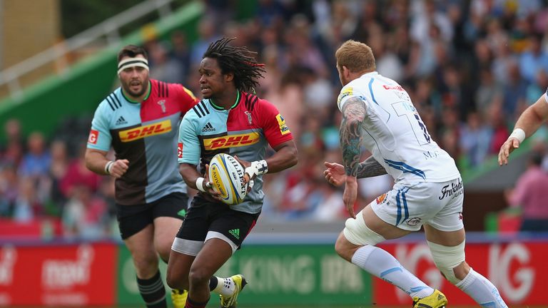 LONDON, ENGLAND - MAY 07: Marland Yarde of Harlequins takes on the Exeter Chiefs defence during the Aviva Premiership match between Harlequins and Exeter C