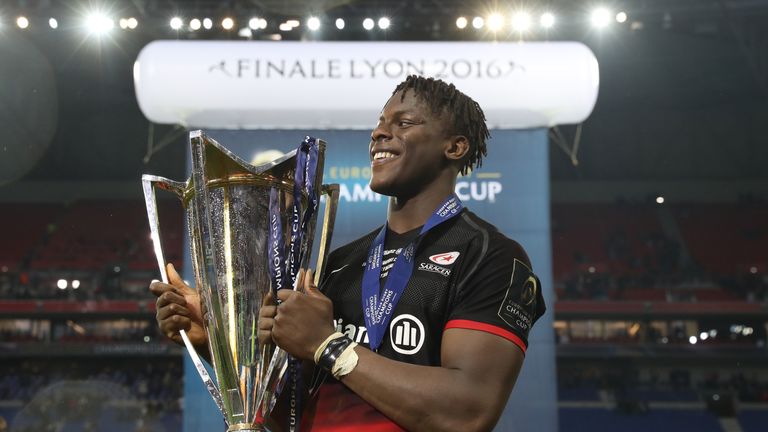 LYON, FRANCE - MAY 14:  Maro Itoje of Saracens celebrates with the trophy after the European Rugby Champions Cup Final match between Racing 92 and Saracens