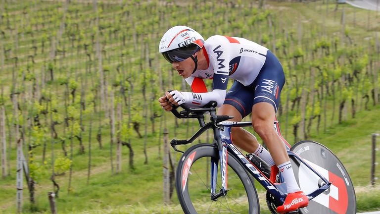 Austrian cyclist Matthias Brandle of IAM Cycling team cycles during the 9th individual time trial stage of 99th Giro d'Italia, Tour of Italy, from Radda in