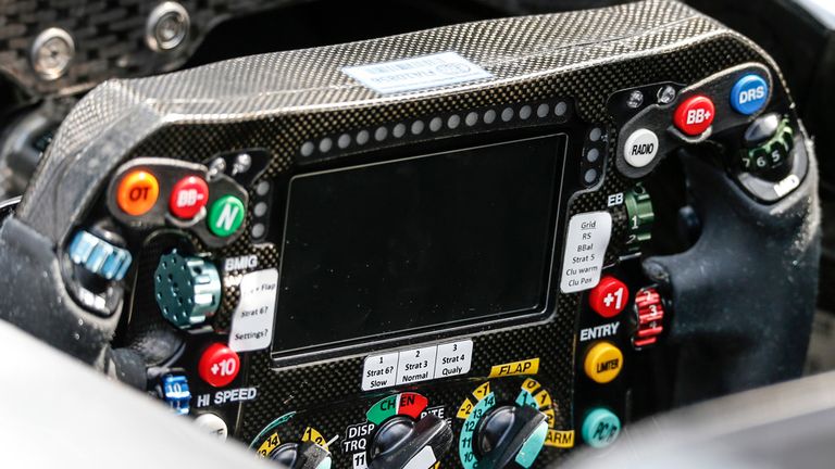 A close-up of the Mercedes steering wheel taken on Thursday in Monaco 