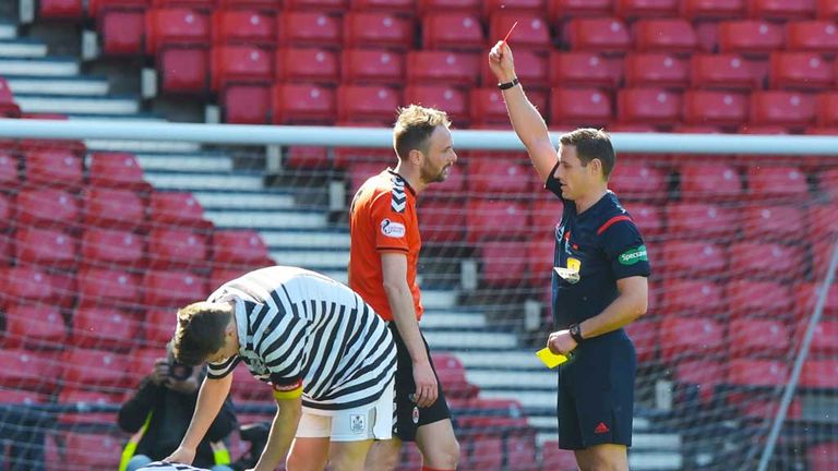 Clyde's Michael Bolochoweckyj receives his marching orders at the national stadium