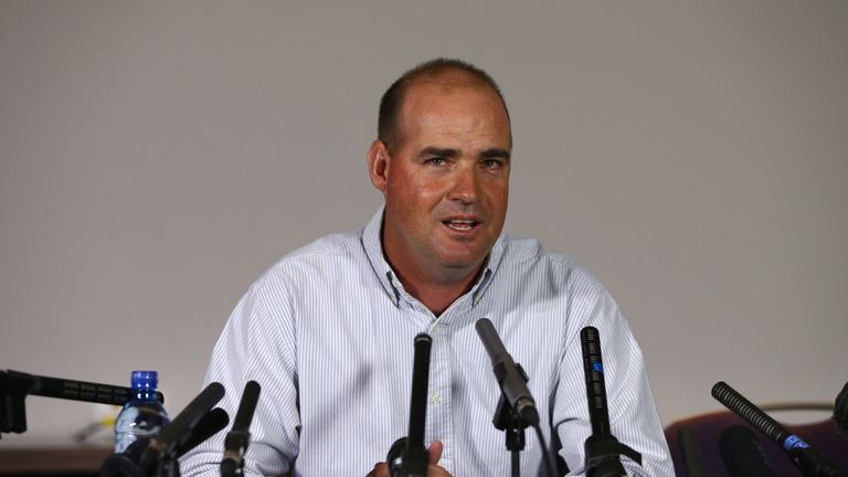 BRISTOL, ENGLAND - JUNE 24:  Mickey Arthur the outgoing coach of Australia address the media after being relieved of his duties during a Australia cricket 