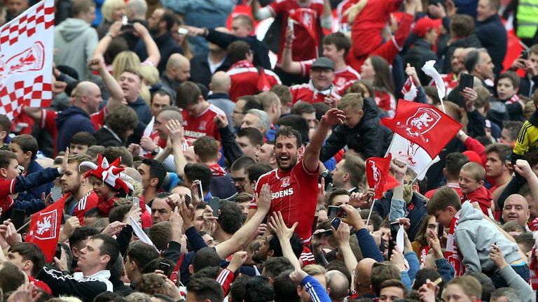 Goalscorer Cristhian Stuani of Middlesbrough celebrates with Boro fans at full-time