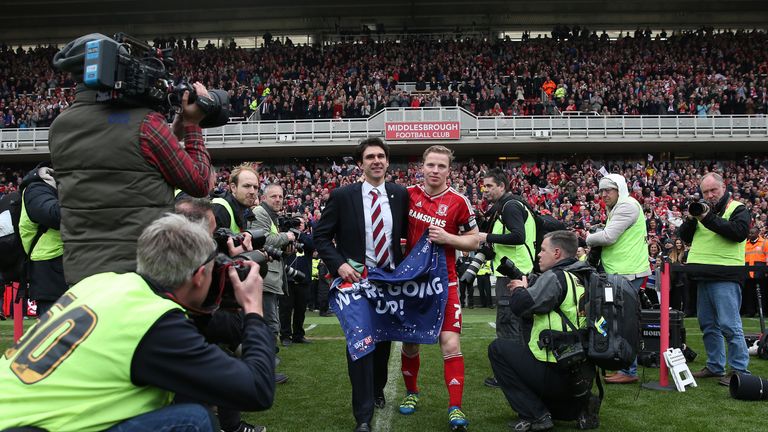 Aitor Karanka and Grant Leadbitter celebrate promotion