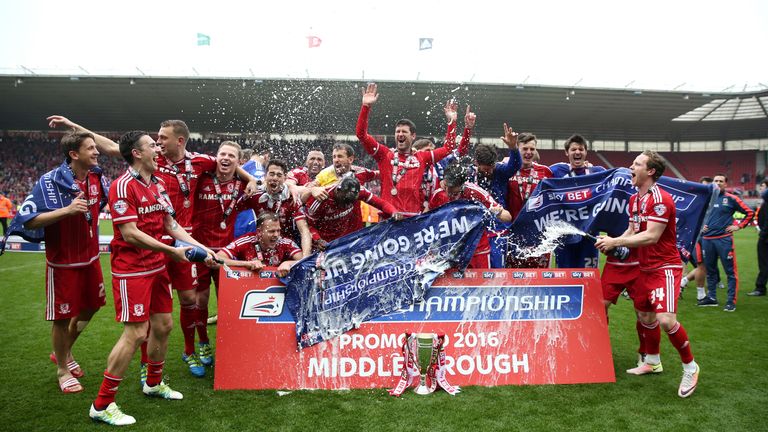 Middlesbrough players celebrate their promotion to the Premier League 