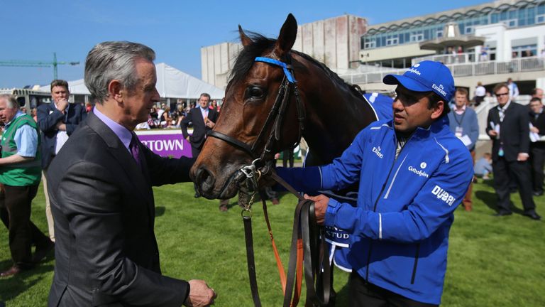 Trainer Jim Bolger with Moonlight Magic after winning The Derrinstown Stud Derby Trial Stakes during Derrinstown Stud Derby Trial Day at Leopardstown Racec