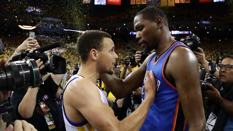 Durant will be part of a formidable partnership with MVP Steph Curry (left)