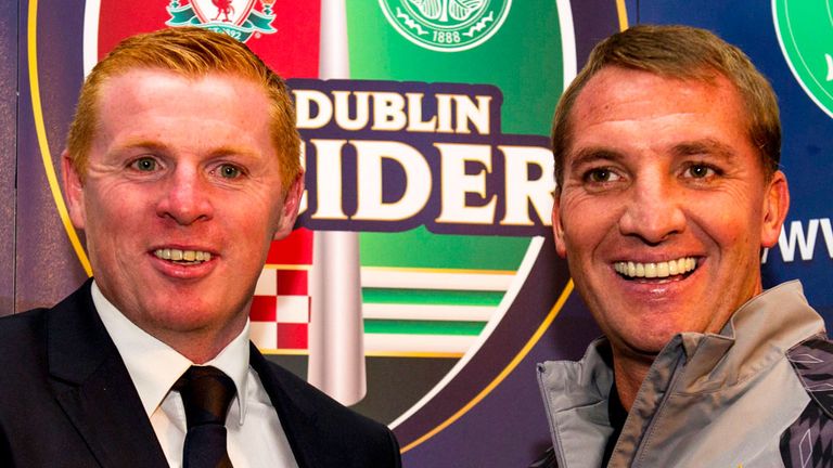 Brendan Rodgers with Neil Lennon (l) before a friendly between Celtic and Liverpool in Dublin