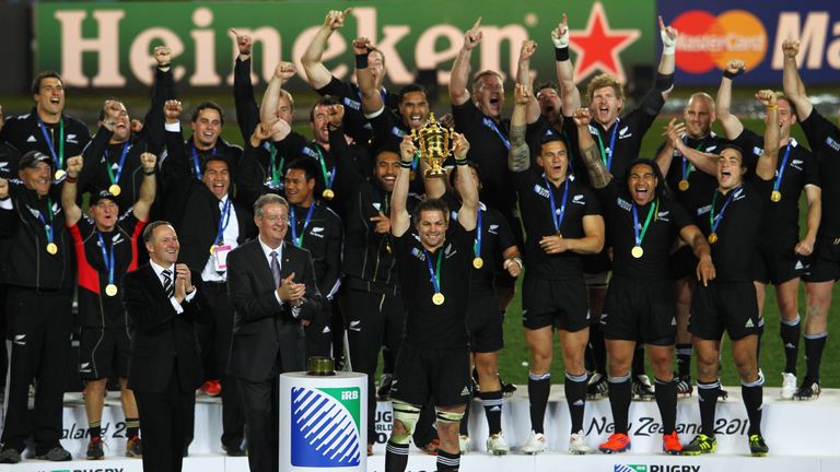 Richie McCaw of the All Blacks lifts the 2011 Rugby World Cup trophy