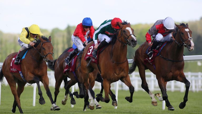 We Are Ninety (right), ridden by Jim Crowley, leads the field home to win the Harae De Bouquetot Fillies' Trials Stakes at Newbury