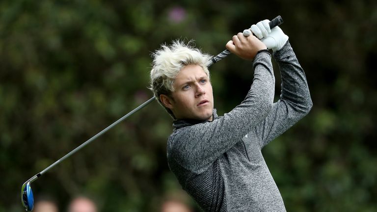 Niall Horan of One Direction tees off during the Pro-Am prior to the BMW PGA Championship at Wentworth