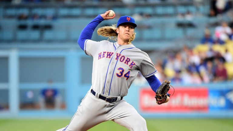 Noah Syndergaard #34 of the New York Mets pitches to the Los Angeles Dodgers during the first inning at Dodger Stadium on May 11