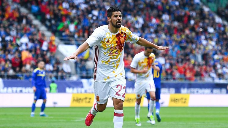 ST GALLEN, SWITZERLAND - MAY 29:  Manuel Agudo 'Nolito' of Spain celebrates after scoring the opening goal during an international friendly match between S