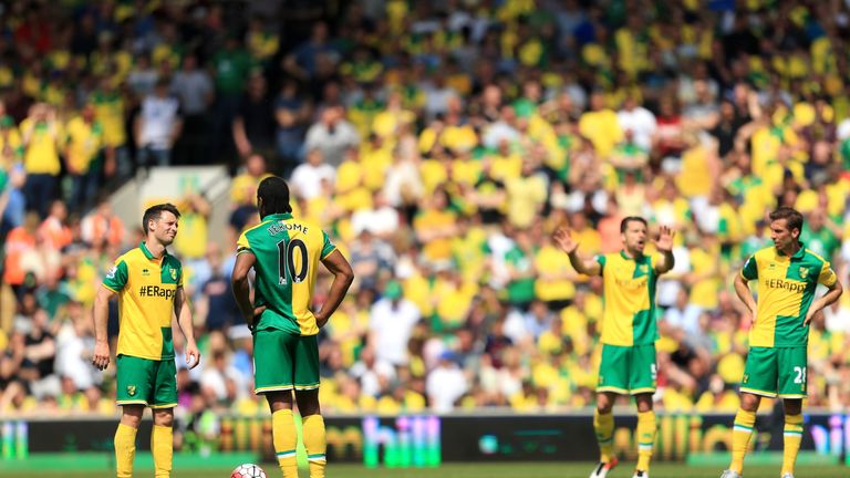 NORWICH, ENGLAND - MAY 07:  Wes Hoolahan (1st L) and Cameron Jerome (2nd L) react after Manchester United's first goal during the Barclays Premier League m